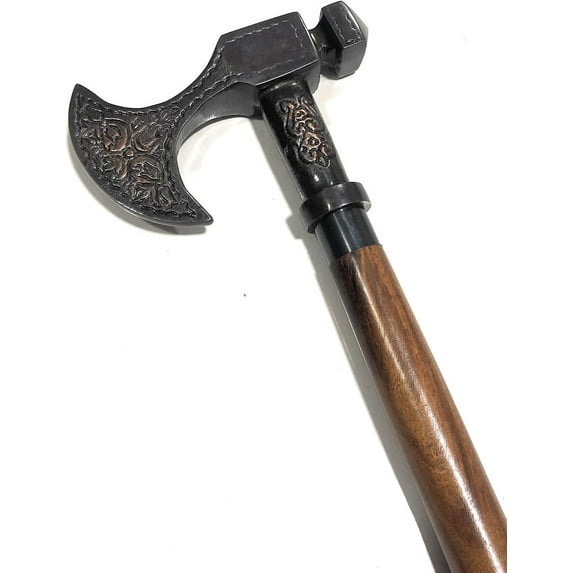 Antique Axe Viking Walking Stick Canes Red Wood Three Fold Unique Design Handle Best for Costume Men Women