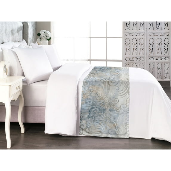 Antique Bed Runner, Dreamy Nostalgic Royal Swirls and Waves in Grunge Weathered Effect, Decorative Accent Bedding Scarf for Hotels Homes & Guest Rooms, Queen, Coconut and Pale Slate Blue, by Ambesonne