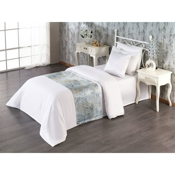 Antique Bed Runner, Dreamy Nostalgic Royal Swirls and Waves in Grunge Weathered Effect, Decorative Accent Bedding Scarf for Hotels Homes & Guest Rooms, Twin, Coconut and Pale Slate Blue, by Ambesonne