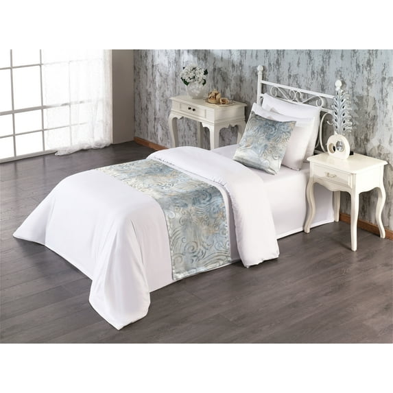 Antique Bed Runner Set, Dreamy Nostalgic Royal Swirls and Waves in Grunge Weathered Effect, Decorative Bedding Scarf & a Pillow Sham for Hotels Homes, Twin, Coconut and Pale Slate Blue, by Ambesonne