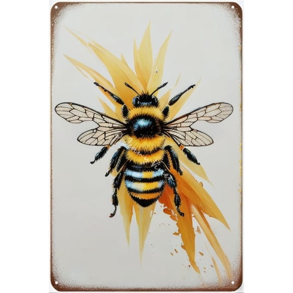 Antique Bee Metal Tin Sign, Floral Wall Decor, Bee Decorations For Home, Bee Kitchen Decor, Bee Farmhouse Decor, Tin Garden Sign, Insect Honey Bumblebee Gift for Her 5.5x8 Inches