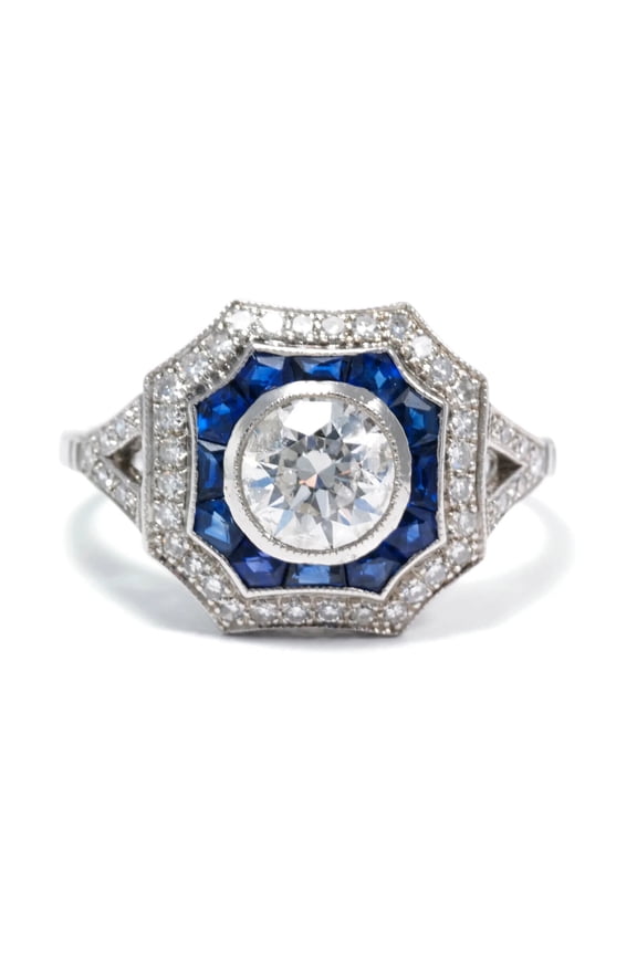 Antique Bezel Set Diamond Engagement Ring, Blue Sapphire Halo Diamond Ring, Double Halo Split Shank Diamond Wedding Ring, 14K White Gold Plaated, 2.2 Ct Simulated Diamond