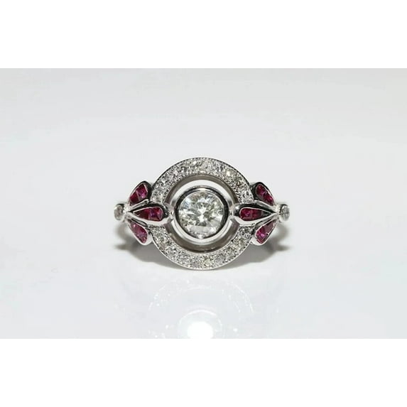 Antique Bezel Set Diamond Engagement Ring, Vintage Halo Diamond Ring, Ruby Diamond Ring, Cluster Diamond Wedding Ring, 14K White Gold Plated, 2.0 Ct Simulated Diamond, Birthstone Ring