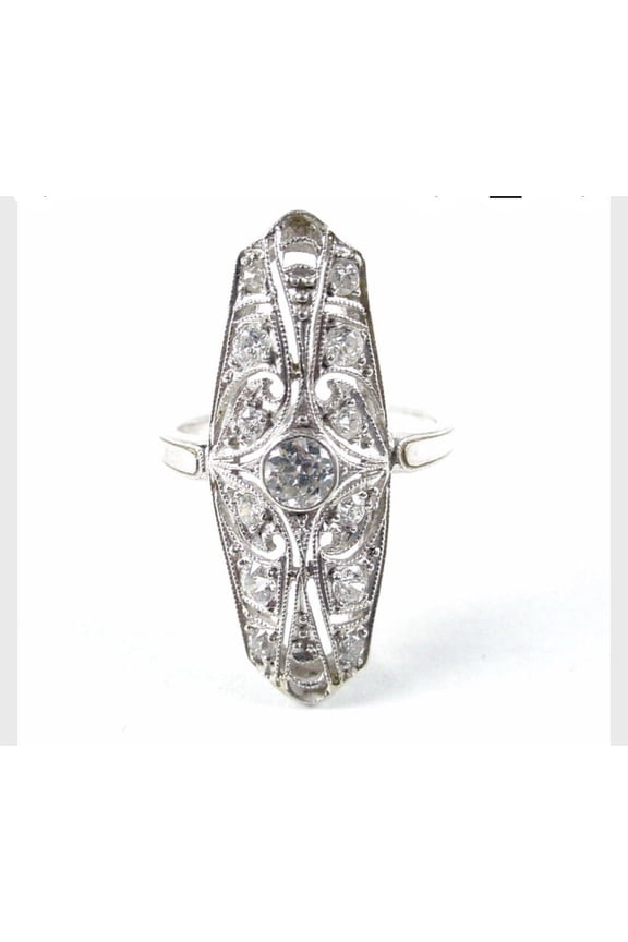 Antique Bezel Set Diamond Ring, Vintage Elongated Dinner Engagement Ring, 2.1 Ct Simulated Diamond, 925 Sterling Silver, Openwork Filigree Milgrain Dinner Ring