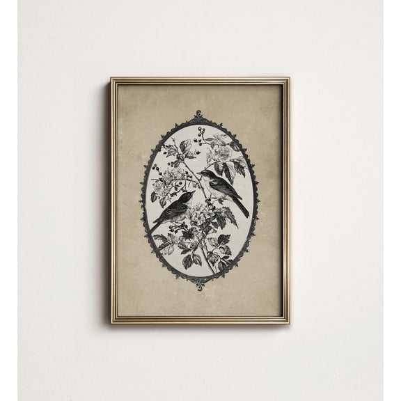 Antique Bird Wall Art, Ornate Oval Border Botanical Sketch Art Printable 10-182 UNFRAMED Poster, Wall Art for Decor, Present, 8x12