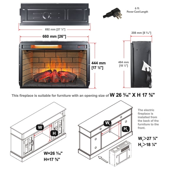 Antique Black 26 Inch Infrared Quartz Heater Fireplace Insert with Realistic Flame and Brick Design for TV Stand or Freestanding Use