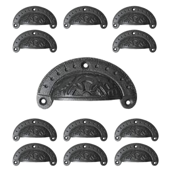 Antique Black Cabinet Drawer Cup Bin Pull Cast Iron 3.7" W x 1.5" H Unique Decorative Kitchen Dresser Pull Handles Rust Resistant Bin Pulls with Hardware | Renovators Supply Manufacturing Pack of 12