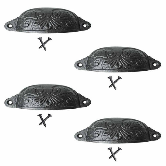 Antique Black Cabinet Drawer Cup Bin Pull Wrought Iron 4.5" W x 1.5" H Kitchen Dresser Handles Rust Resistant Unique Pulls w/Hardware | Renovators Supply Pack of 4