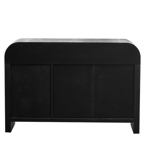 Antique Black Curved Sideboard For Living - Retro Minimalist, Adjustable Shelves With Lines And Gold Handles, Look