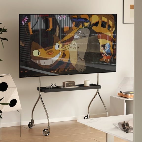 Antique Black Movable TV Stand with 360 Spin for 43-70" TVs | Floor-Standing Cabinet & Projector Mount | Durable Metal & Ash Wood | Office Use | 34"W x 21"D