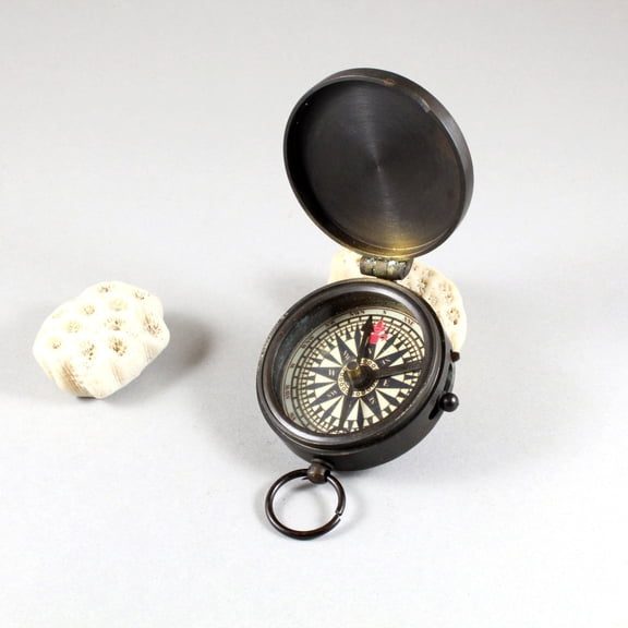 Antique Black Nautical Compass with Hinged Brass and Alloy Leather Case Metal and Glass Construction