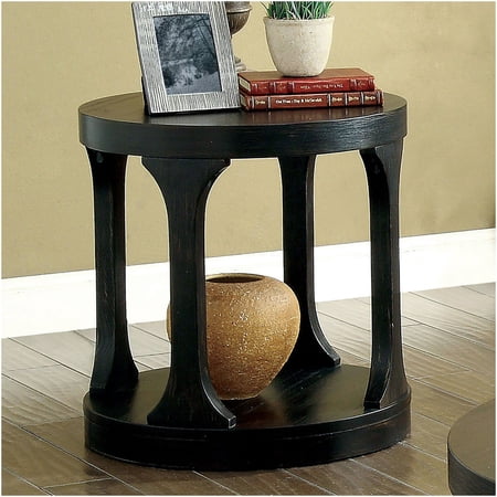 Antique Black Round End Table with Storage Shelf, Solid Wood Transitional Accent Table for Living Room