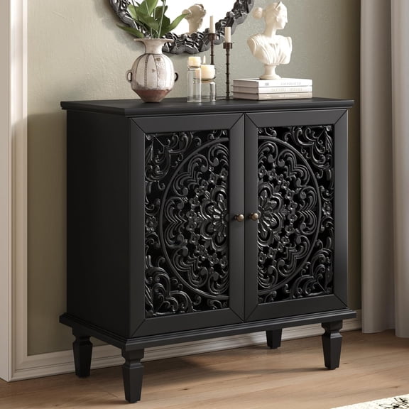 Antique Black Sideboard Buffet Accent Credenza Storage Cabinet with 2 Hollow Floral Carved Doors Small Modular Console Table for Kitchen Living Room Entryway 31.5 Inch