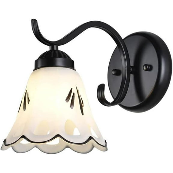 Antique Black Wall Light Black Metal Wall Sconce, Glass Wall Lamp Shade in Flower Shape, Rustic Farmhouse Wall Mount Lighting Fixtures E27 Headboard Lamps for Bedroom