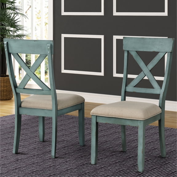 Antique Blue Dining Chairs, Of 2. Solid Rubberwood, Tan Fabric Upholstery, Powder Coat Finish. 40"h X 20"w 25"d Dimensions 2 Upholstered Chairs In Blue. Seat. 37.85"h 18.6"w 24.16"d