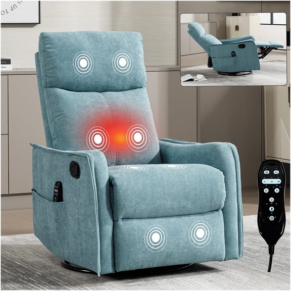 Antique Blue Green Fabric Recliner Chair with Heat Massage, Swivel Rocker for Living Room