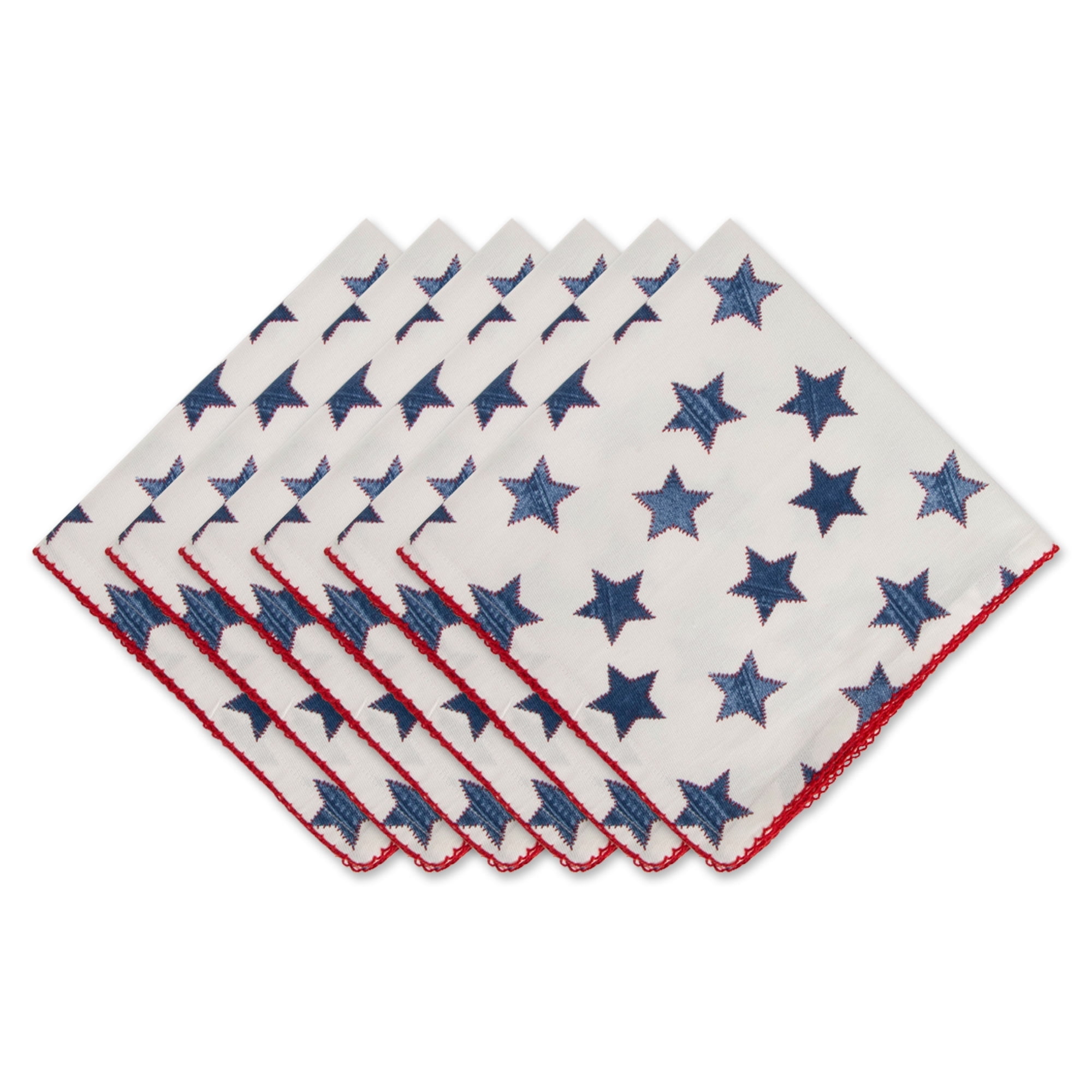 Antique Blue Stars Cotton Napkin Set with Embroidered Edge, 20x20, 6 Piece