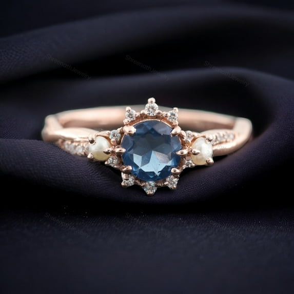 Antique Blue Topaz Promise Ring Bridal Engagement Jewelry Pearl Diamond Statement Ring Birthday Gift For Love Unique Twisted Design Rings