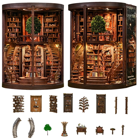 DIY Book Nook Kit for Adults, 3D Wooden Puzzle with LED Lights, Wisdom Rings Book Repository, Miniature Library Bookshelf Insert Bookend Decor