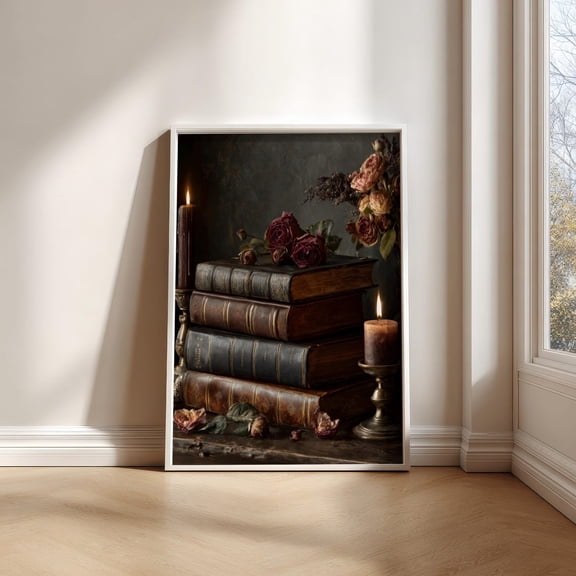 Antique Books And Roses Wall Art Dark Academia Print Vintage Library Decor Moody Floral