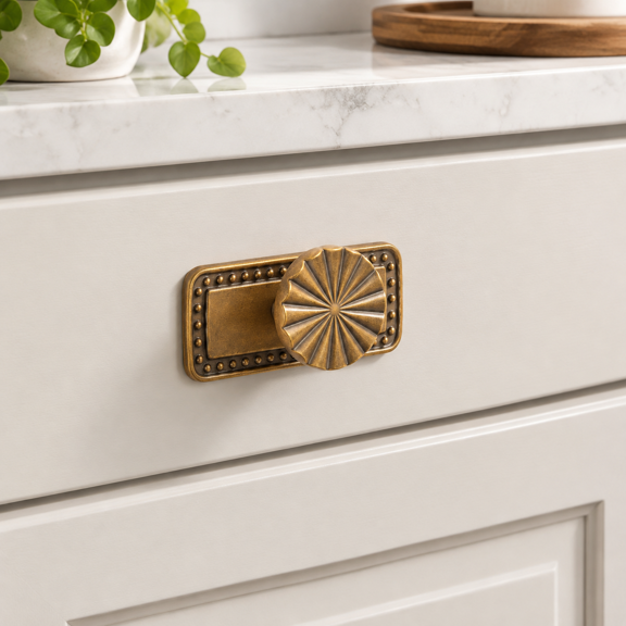 Antique Brass 1.5'' Dia Knob With Beaded Backplate 6-Pack Cabinet Furniture Pulls