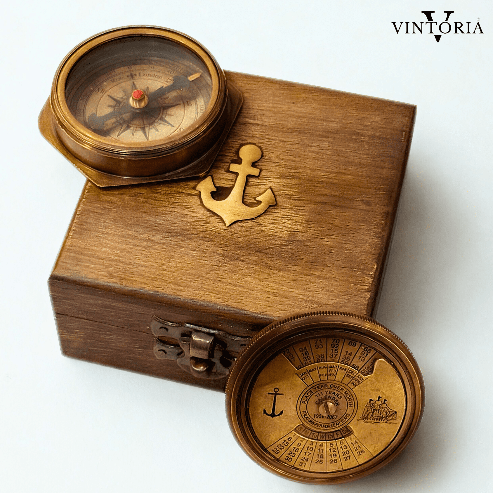 Antique Brass 100 Year Calendar Compass with Wooden Box