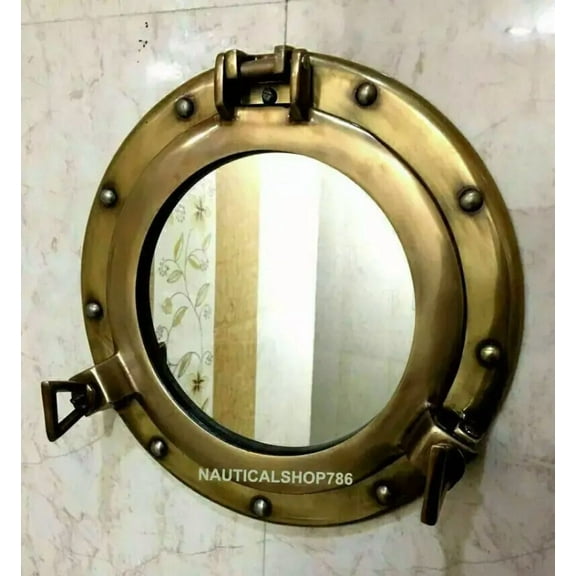Antique Brass 12" Porthole Nautical Maritime Ship Boat Wall Mirror Home Décor