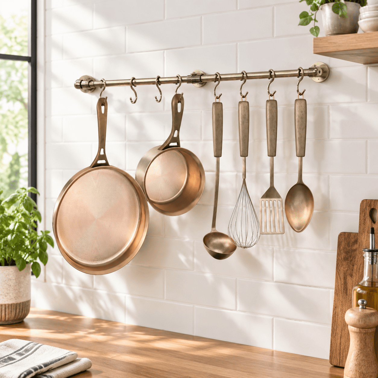 Antique Brass 23.7 Inch Stainless Steel Wall Mounted Pot Rack with 8 S ...