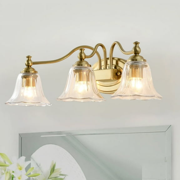 Antique Brass 3-Light Vanity Light, Vintage Bathroom Light Fixture with Floral Glass Shades, Classic Wall Sconce for Bedroom, Farmhouse