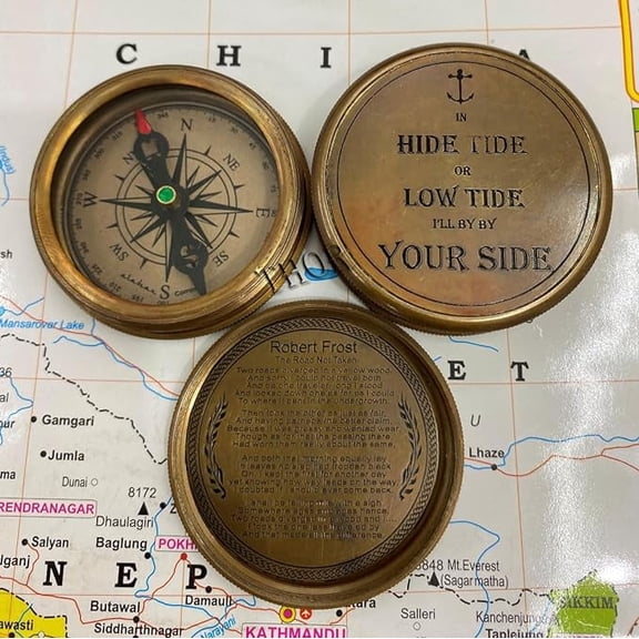 Antique Brass 3" Vintage Compass Direction Marine Graduation Compass Hide Tide or Love Tide I'll by by Your Side Engraved Beautiful Handmade Men Gift