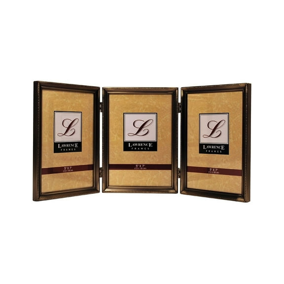 Antique Brass 5x7 Hinged Triple Picture Frame - Bead Border Design