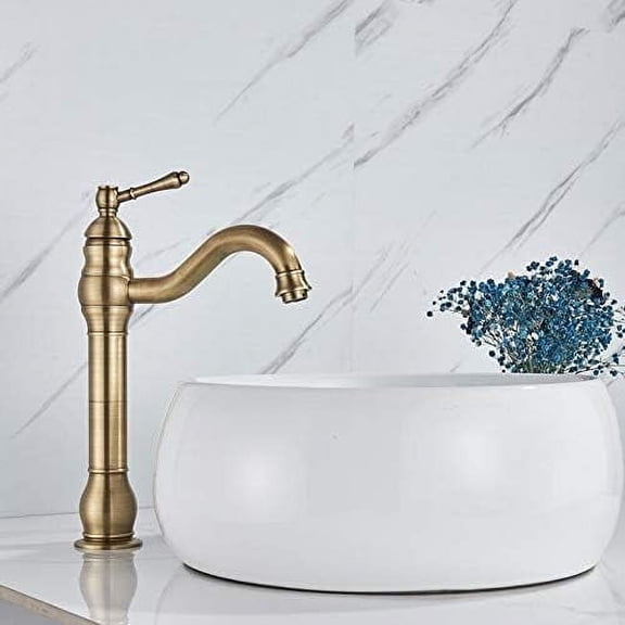 Antique Brass Basin Faucet Deck Mounted Single Handle Bathroom Crane Long Spout Lavatory Sink Hot Cold Mixer Tap Sink Faucet