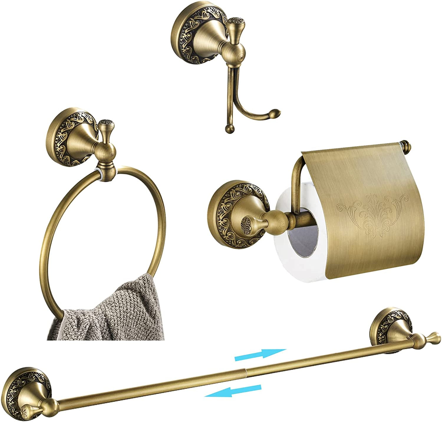 Antique Brass 4-Piece Bathroom Accessory Set with Towel Bar