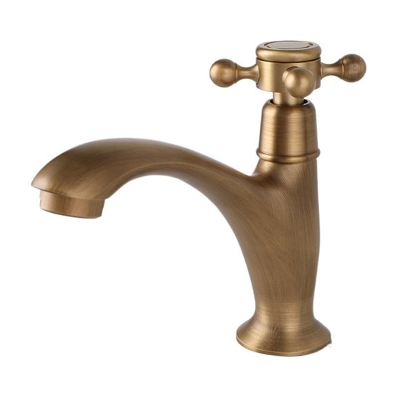 Antique Brass Bathroom Basin Faucet, Cross Handle Rotation Control Single Cold Stream Water Outlet Deck Mounted Bath Taps ,Leakproof Design