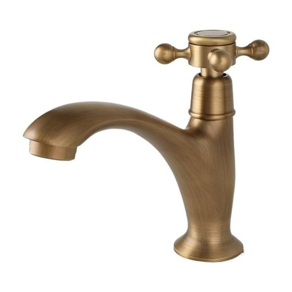 Antique Brass Bathroom Basin Faucet, Cross Handle Rotation Control Single Cold Stream Water Outlet Deck Mounted Bath Taps