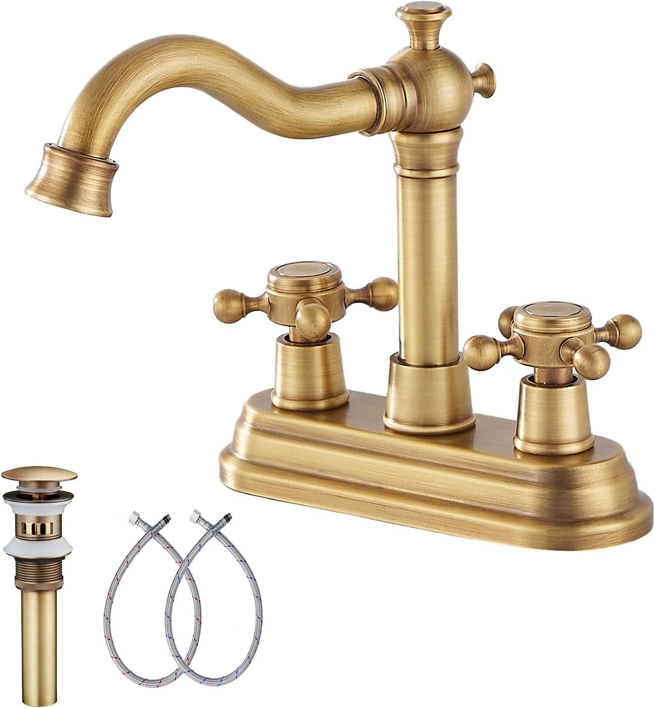 Antique Brass Bathroom Faucet - 2 Handles, 4 Inches Centerset, RV Vanity With Drain Assembly and Supply Hose - Lavatory Mixer Double Handle Tap