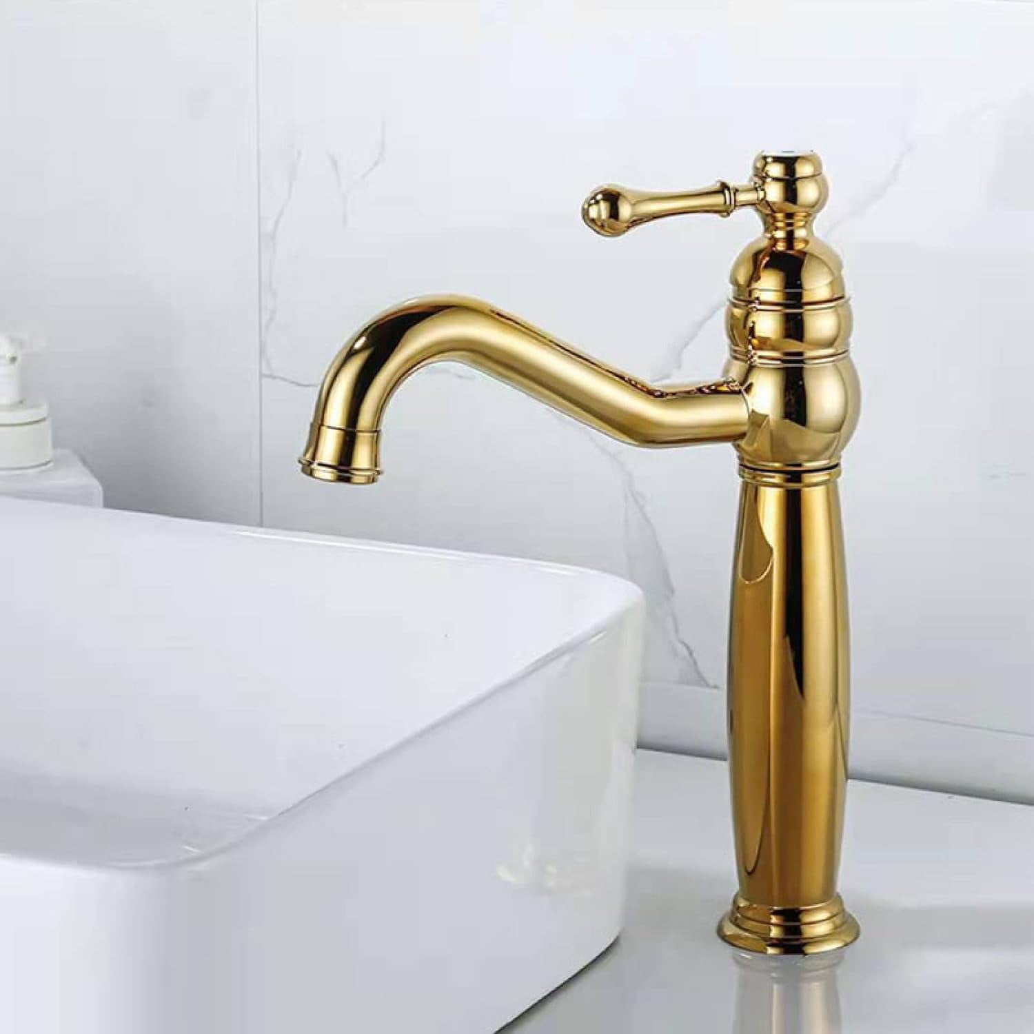 Antique Brass Bathroom Faucet, 360° Swivel Bathroom Sink Faucet, Cold Hot Mixer Vintage Vanity Tap, Single Handle Bathroom Sink Faucet High, A