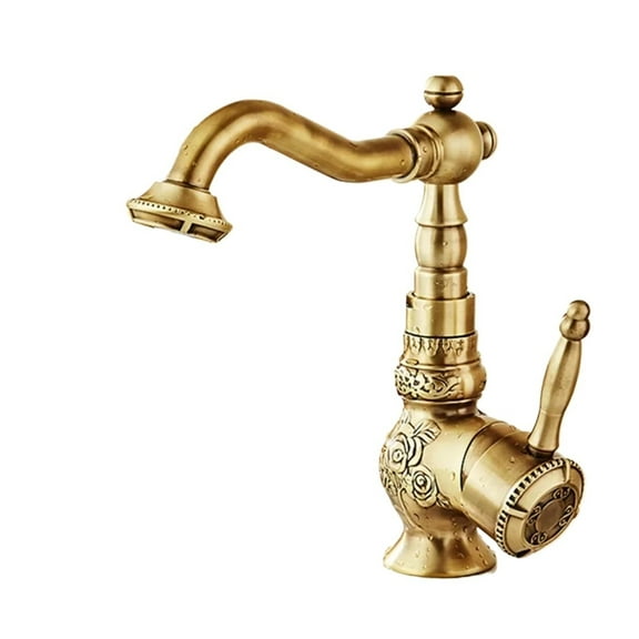 Antique Brass Bathroom Faucet, Washbasin Retro Classic Kitchen Mixer Taps, Carving Swivel Sin Handle Sink Tap Water Faucet