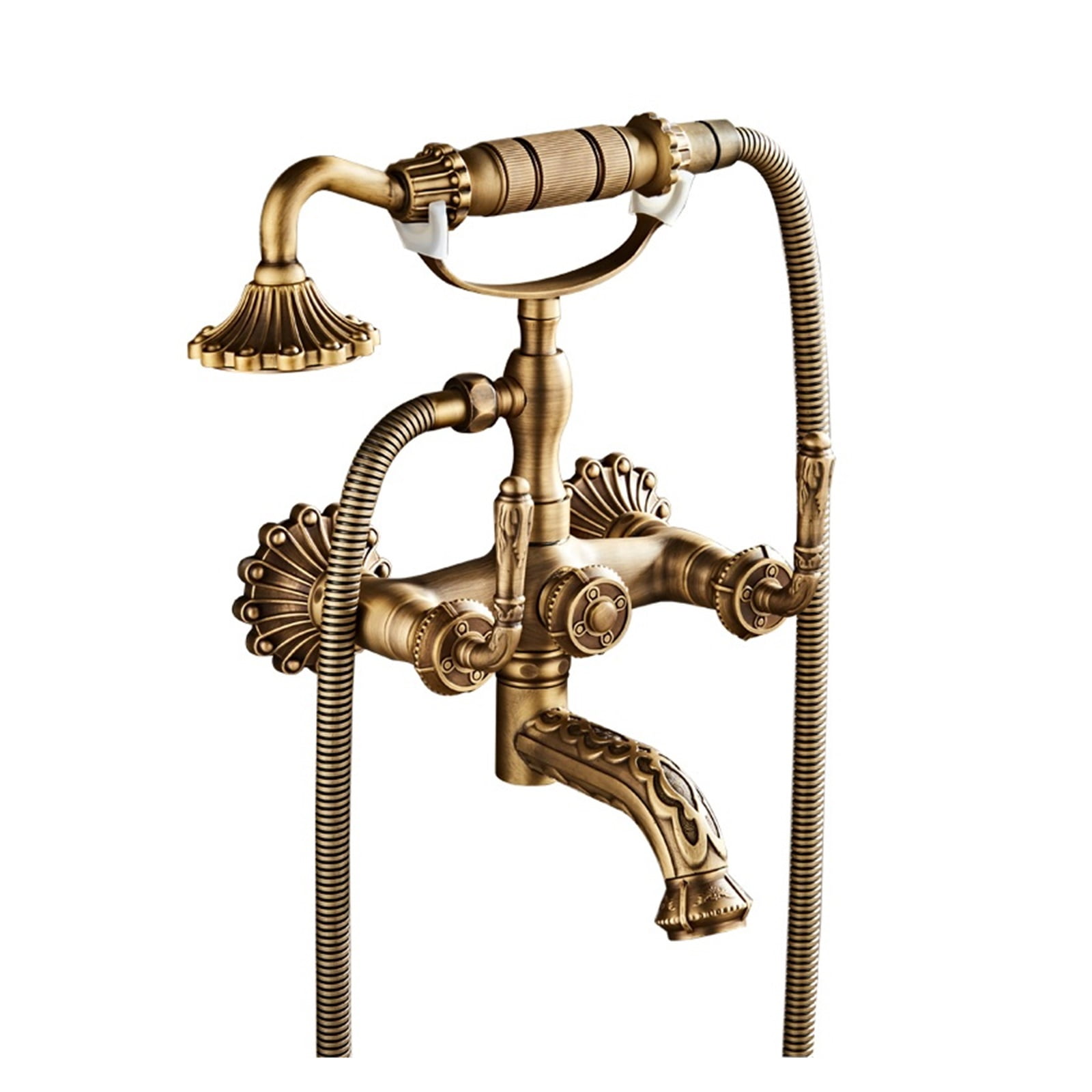 Antique Brass Bathtub Shower Faucets Set, Wall Mounted Bath Shower Set Swivel Tub Spout Bath Shower Dual Control Carved Mixer Tap ,Leakproof Design