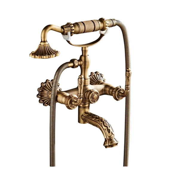 Antique Brass Bathtub Shower Faucets Set, Wall Mounted Bath Shower Set Swivel Tub Spout Bath Shower Dual Control Carved Mixer Tap - Modern Design