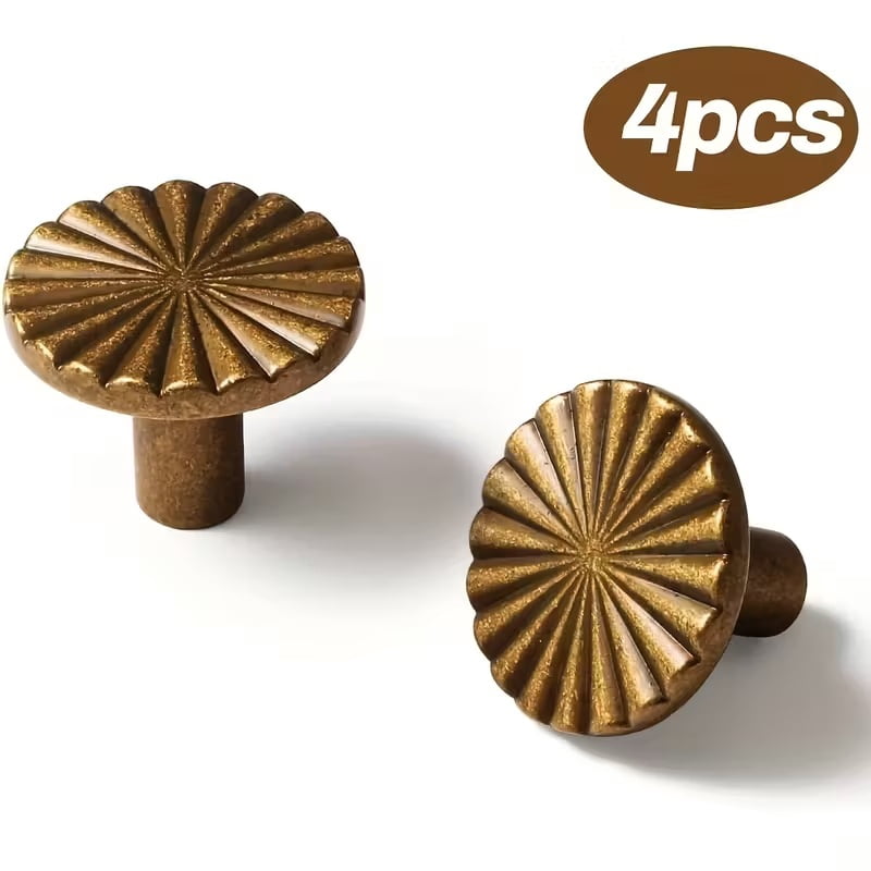 Antique Brass Cabinet Knobs - 4pcs Retro Flat Sunburst Design Pulls for Kitchen Cabinets and Bathroom Vanities