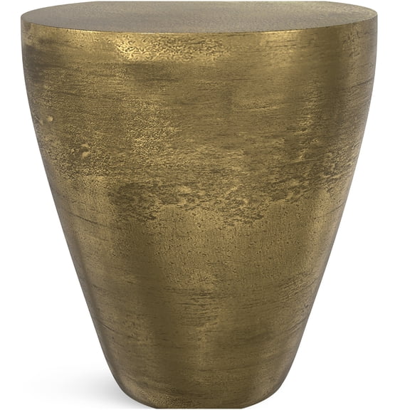 Antique Brass Cast Aluminum Side Table, Asymmetrical Drum Shape End Table for Living Room