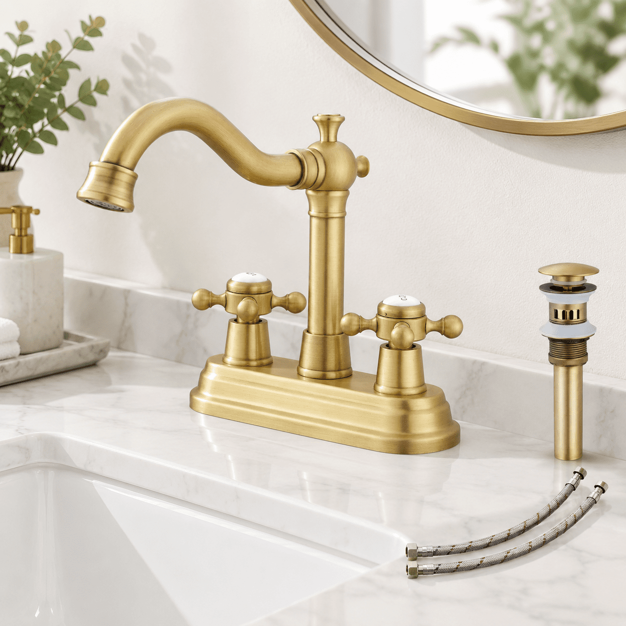 Antique Brass Ceramic Cover 4 Inch Centerset Vanity Bathroom Faucet ...