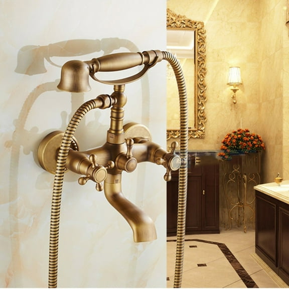 Antique Brass Clawfoot Bathtub Faucet with Hand Sprayer Dual Cross Tub Filler