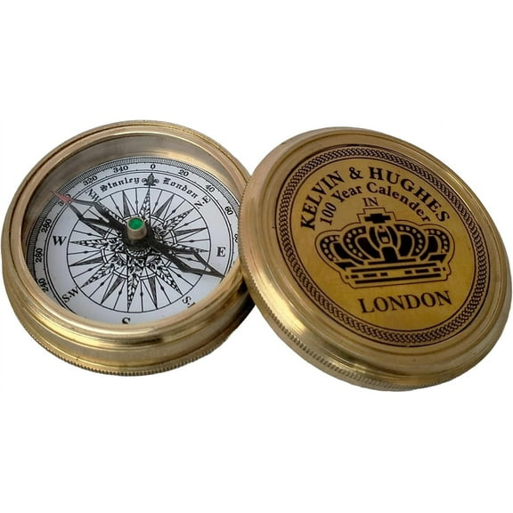 Antique Brass Compass Finish The lid of The Kelvin Hughes 100-year Calendar Compasses
