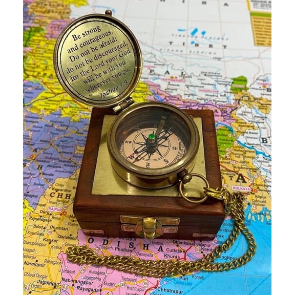 Antique Brass Compass Functional Direction Compasses Compass with Carved Wooden Box | Brown Compass to Son Father Love Sister Colleague(Joshua 1:9 Compass)