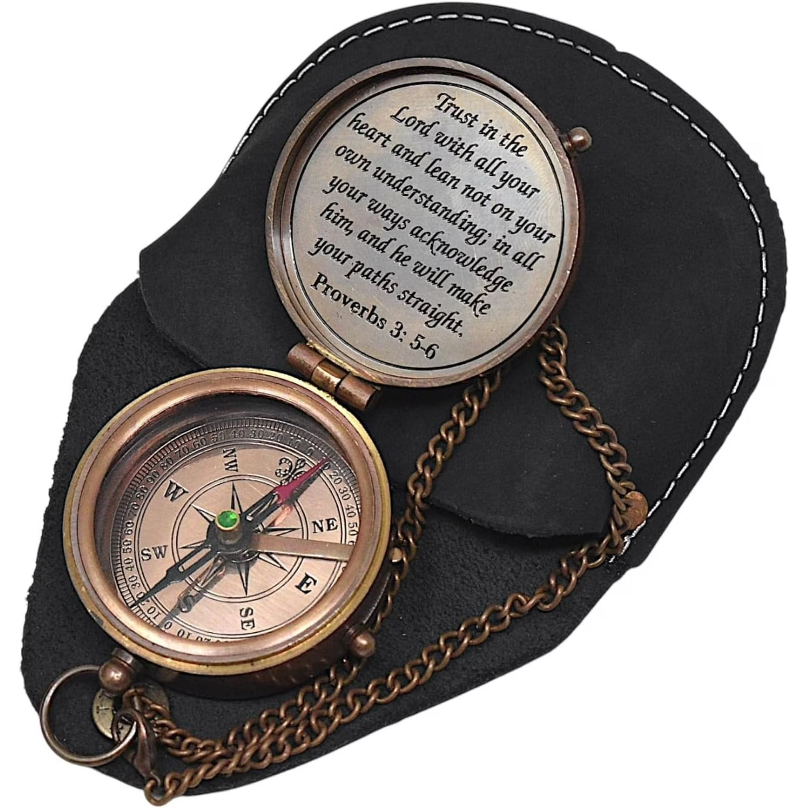 Antique Brass Compass with Leather Case – Engraved Pocket Compass  Vintage Nautical Compass for Men, Graduation Gift, Father’s Day, Christian Inspirational Gift