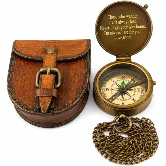 Antique Brass Compass Nautical Pocket Backpacking Compass Leather Case Vintage Camping Hiking Direction Marine Graduation Confirmation Day Engravable for Men Quality Travel