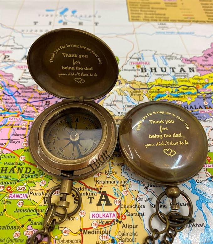 Antique Brass Compass Pocket Compass 2" Engraved Compass Push Botton (Thank You beaing The Dad) So Camping Compass Boating Compass Wedding Gift Brown Antique Pocket Size