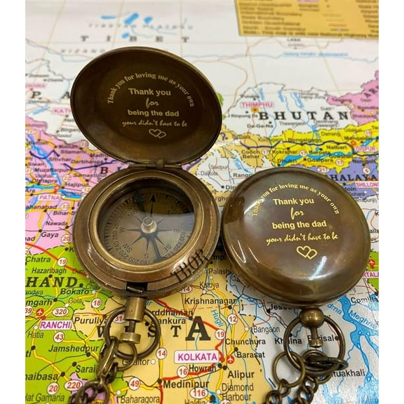 Antique Brass Compass Pocket Compass 2" Engraved Compass Push Botton (Thank You beaing The Dad) So Camping Compass Boating Compass Wedding Gift Brown Antique Pocket Size